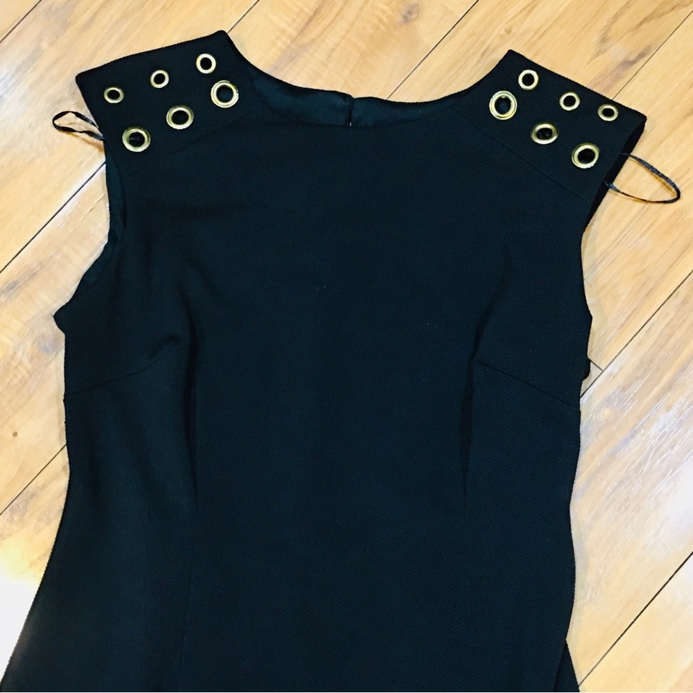 Karin Stevens black knit stretch pencil dress workwear gold sequins 8 me…